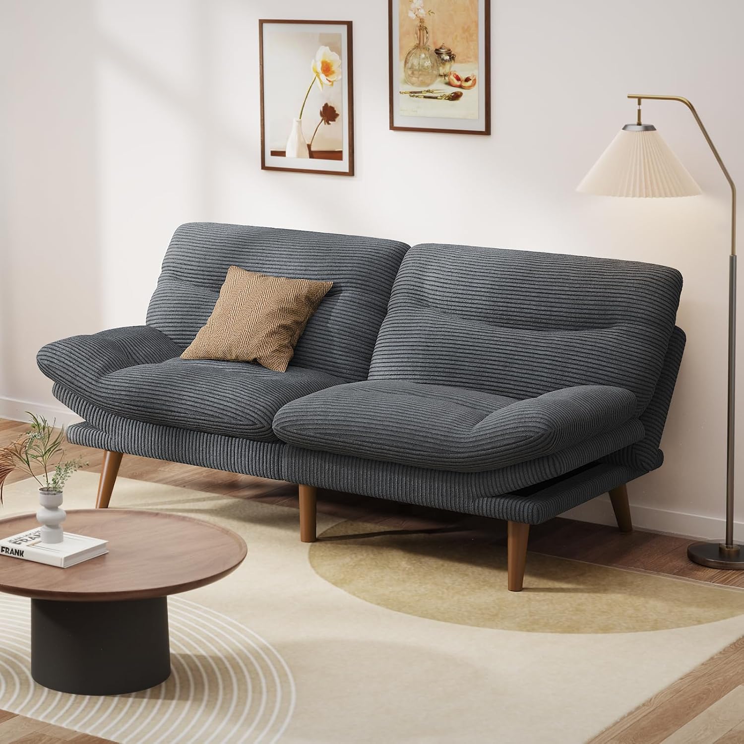 Canapé-lit futon convertible, canapé-lit futon inclinable en velours côtelé de 66 pouces pour petits espaces, salles de jeux ou bureaux