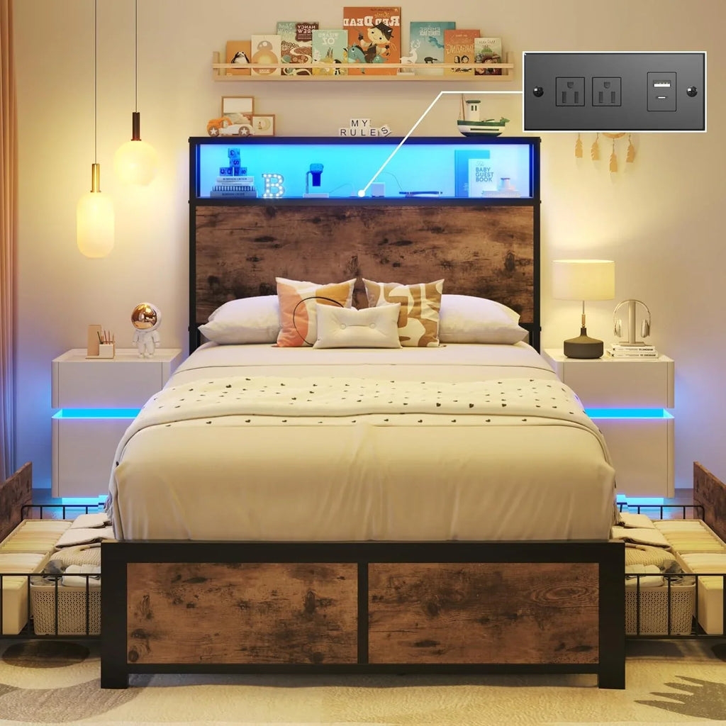 Cadre de lit Queen Lifezone avec tête de lit double et plateau de rangement en métal