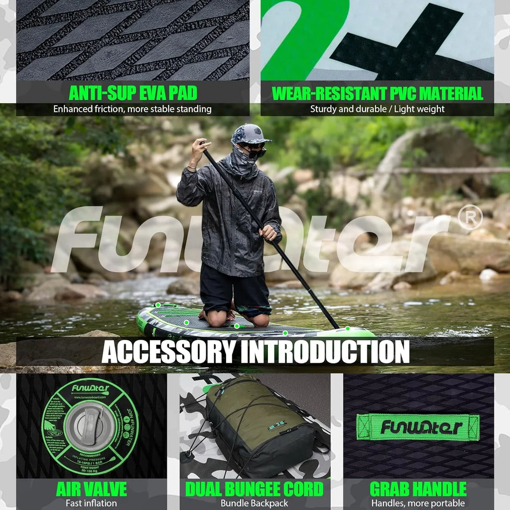 Planche de stand up paddle gonflable FunWater avec accessoires de pagaie SUP haut de gamme, pont EVA antidérapant, pagaie 11'/10'6'