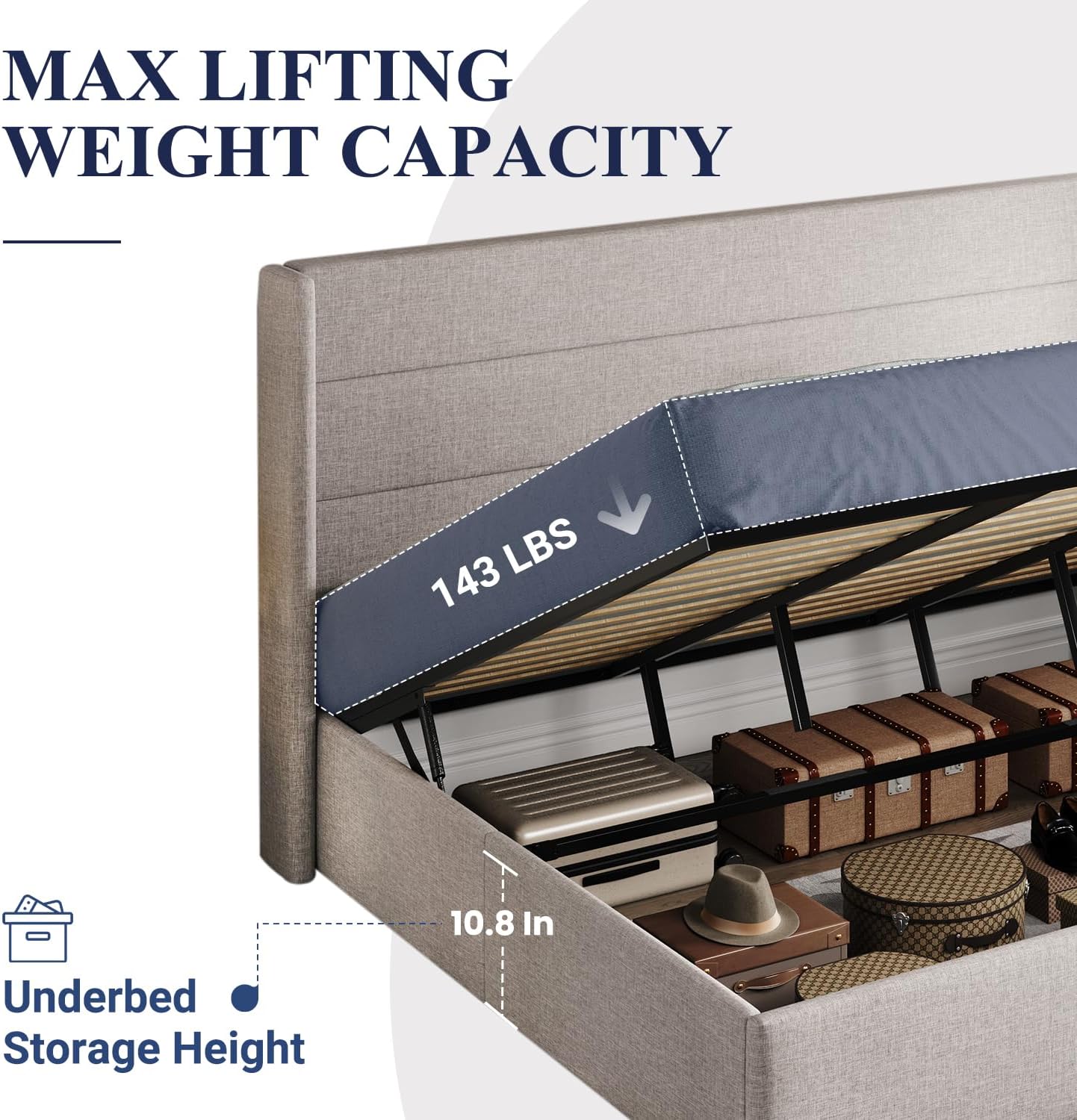 Lit queen-size relevable avec rangement Allewie, tête de lit à oreilles moderne et support hydraulique