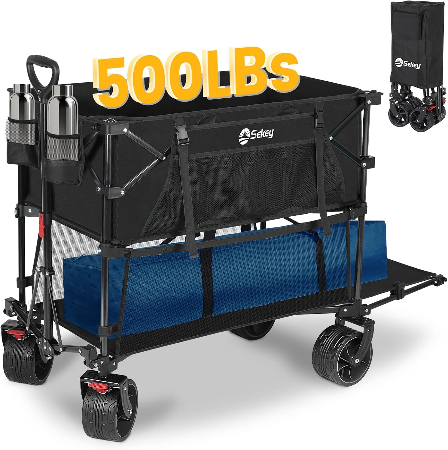 Chariot pliable à deux étages grande capacité de 400 L avec freins, chariot extensible extra long de 50 po, chariot pliable robuste de 500 lb.