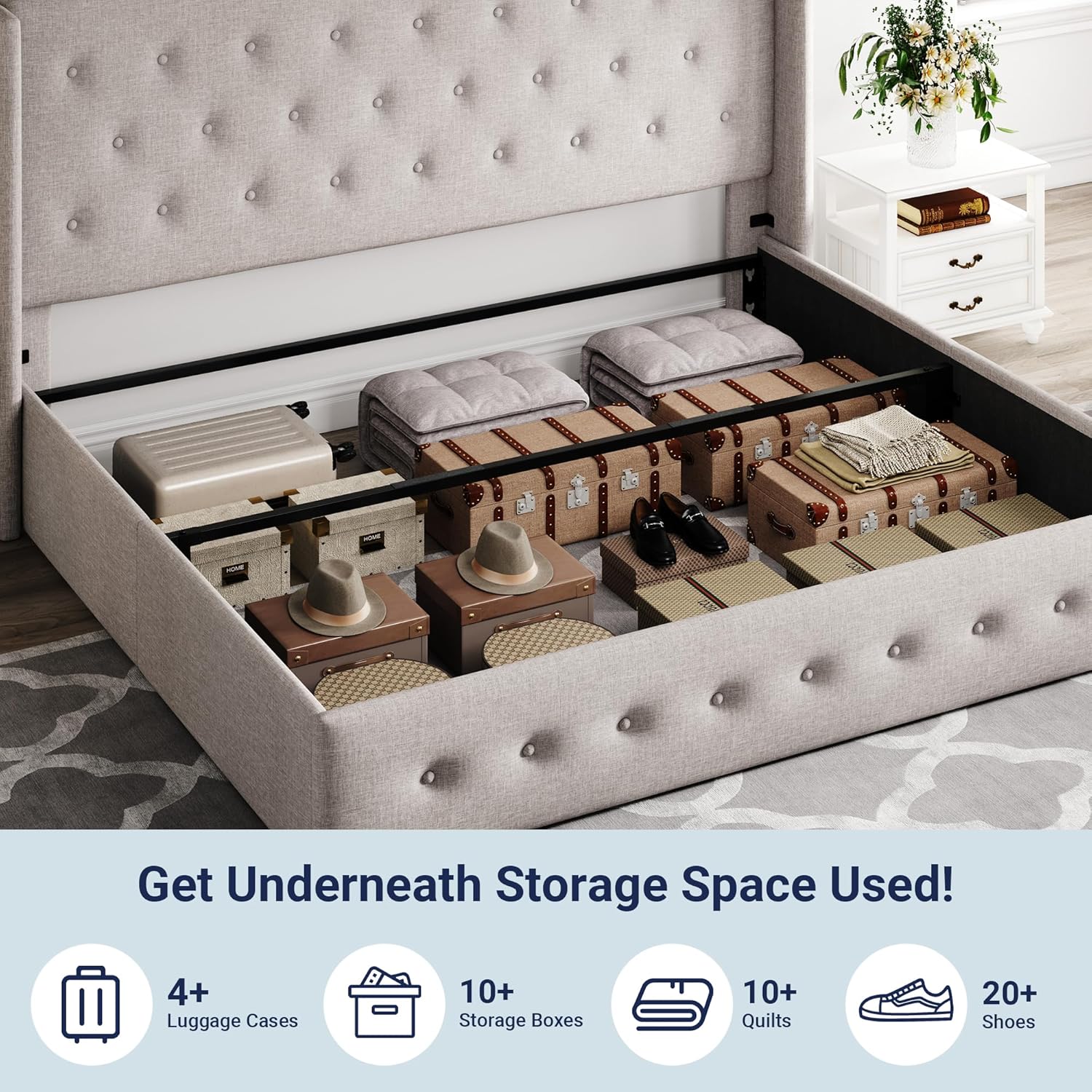 Lit queen-size relevable avec rangement Allewie, tête de lit à oreilles moderne et support hydraulique