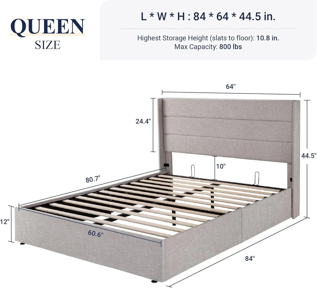 Lit queen-size relevable avec rangement Allewie, tête de lit à oreilles moderne et support hydraulique
