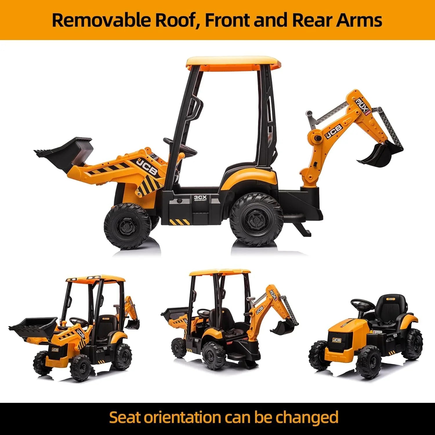 Pelleteuse autoportée JCB 12 V, jouet pour enfants de 4 à 8 ans, véhicule électrique pour enfants avec tracteur, bulldozer, bras de creusement et pelle rétrocaveuse.
