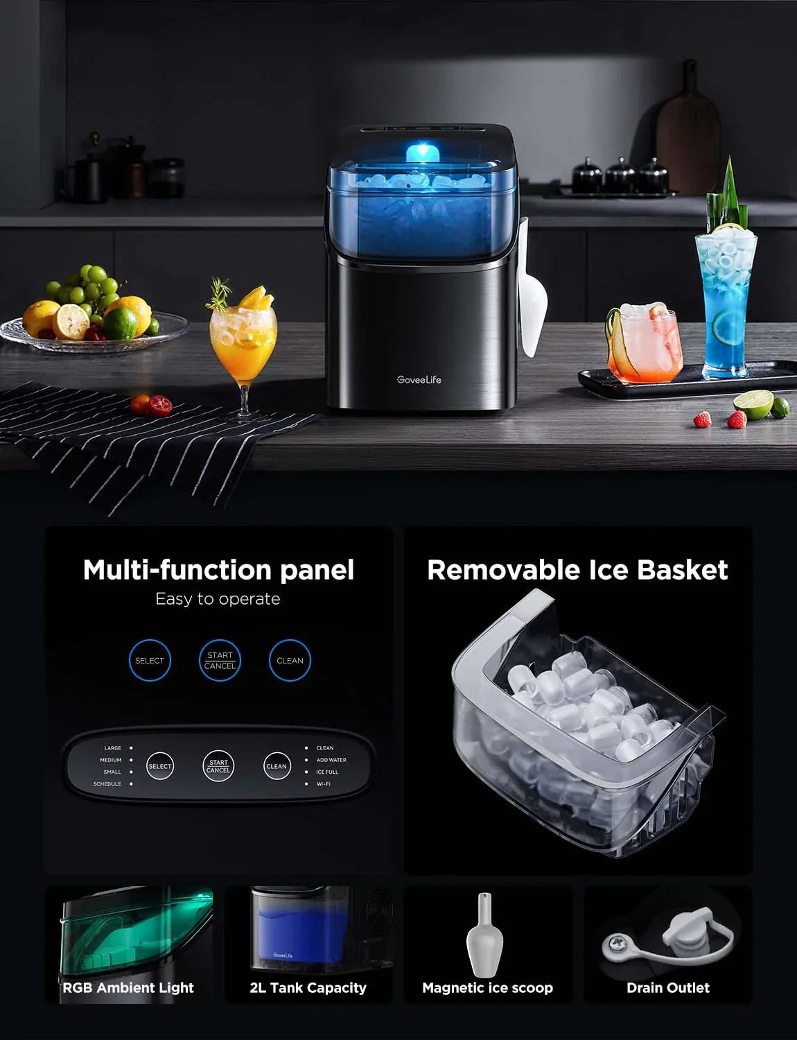 Machine à glaçons intelligente de comptoir GoveeLife, machine à glaçons portable à commande vocale