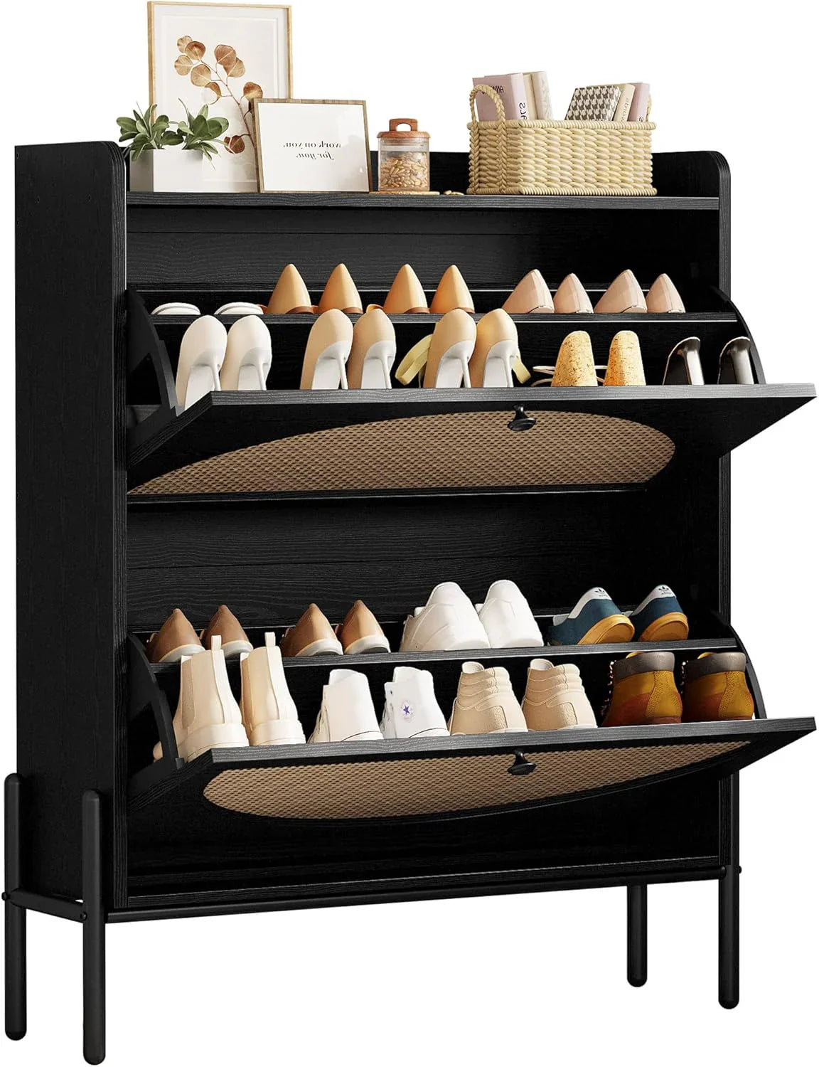 Meuble à chaussures IRONCK avec 2 tiroirs rabattables, meuble de rangement à chaussures indépendant en bois