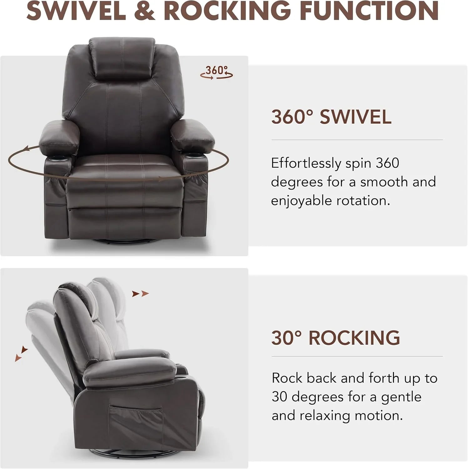 Grand fauteuil inclinable pivotant à bascule avec fonction chauffage et massage, canapé simple pivotant à 360 degrés
