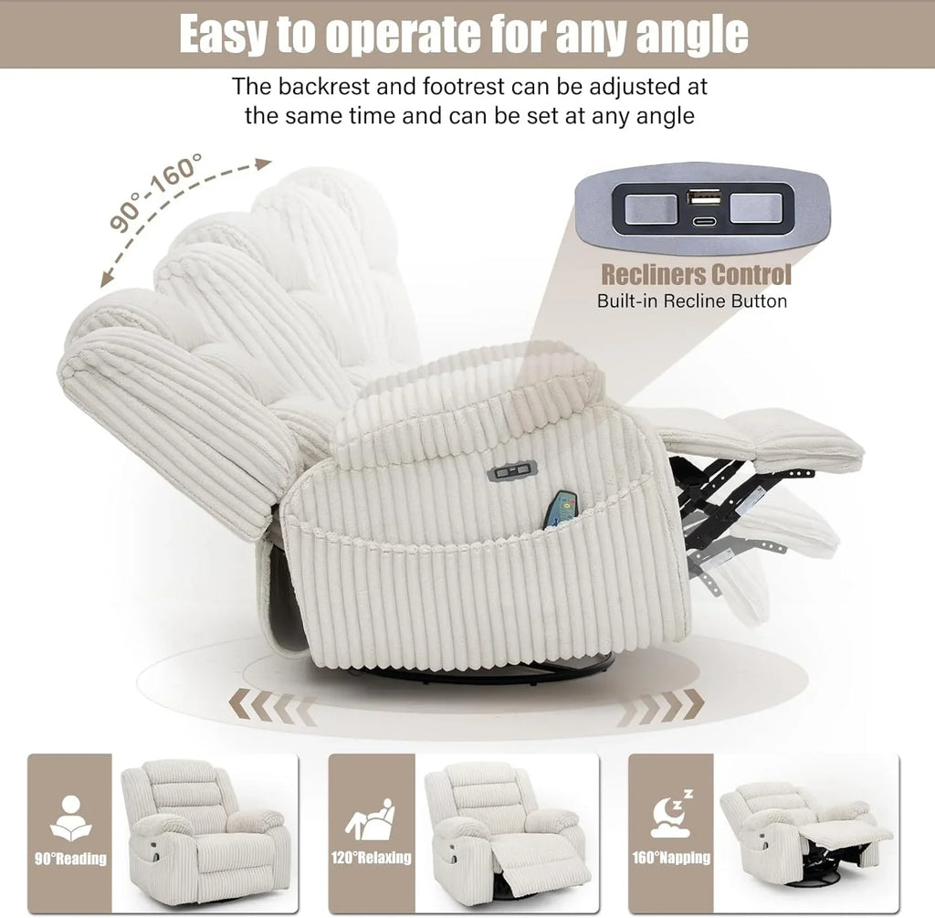 Fauteuil à bascule électrique rotatif pour adultes avec massage et calories, ports de charge USB et C