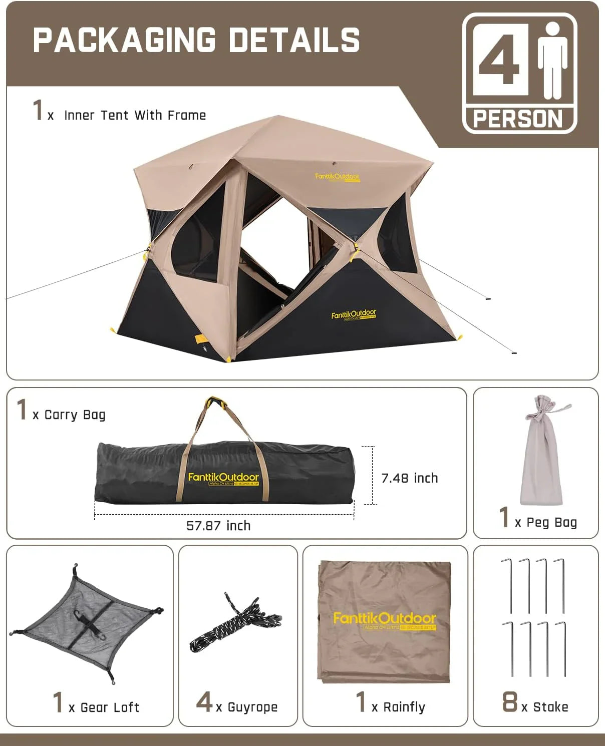 Tente de camping super pop-up pour 4 personnes, installation instantanée, tente centrale portable