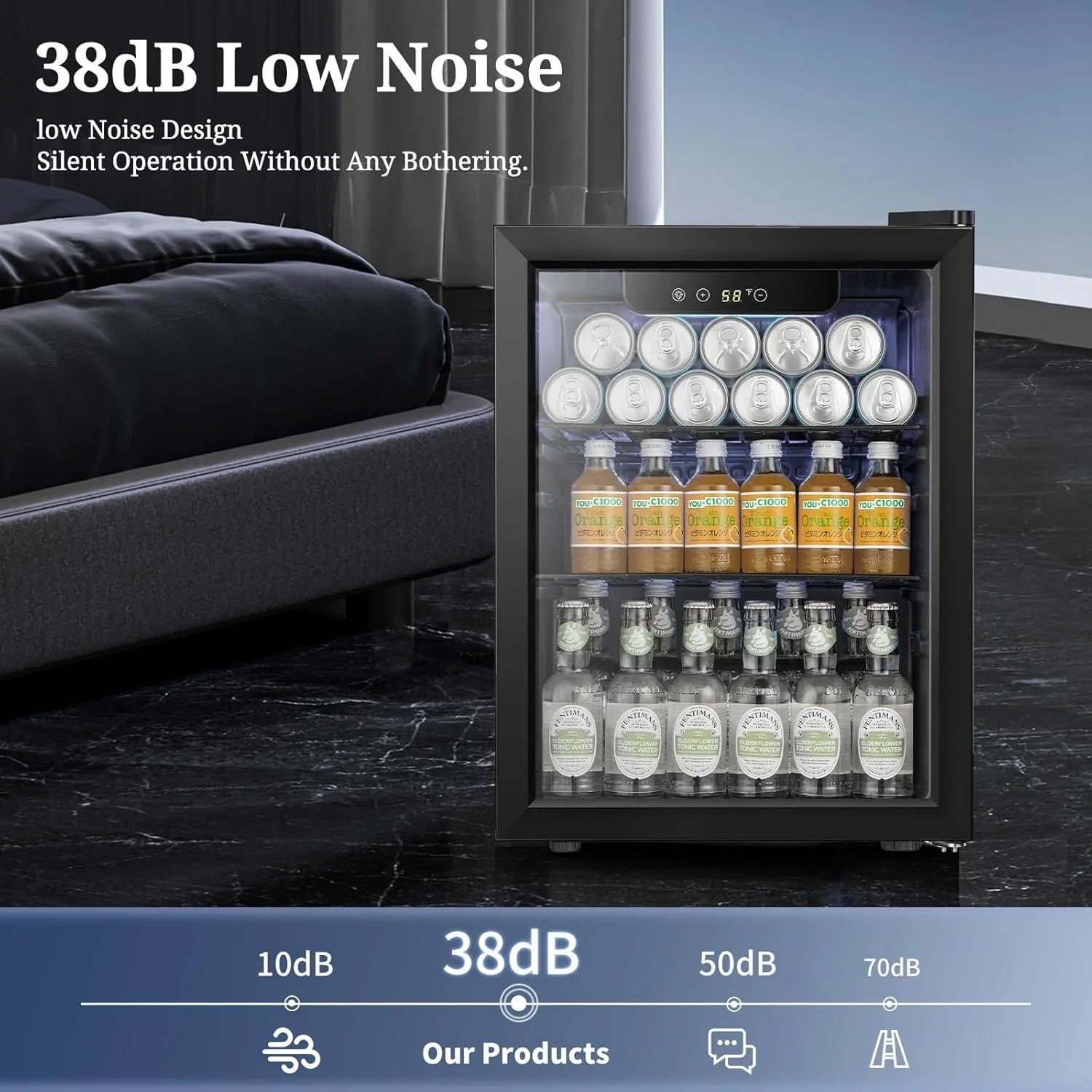 Réfrigérateur à boissons NJStar 68 canettes, mini-réfrigérateur à porte vitrée pour bière, boissons et vin, petit réfrigérateur autonome