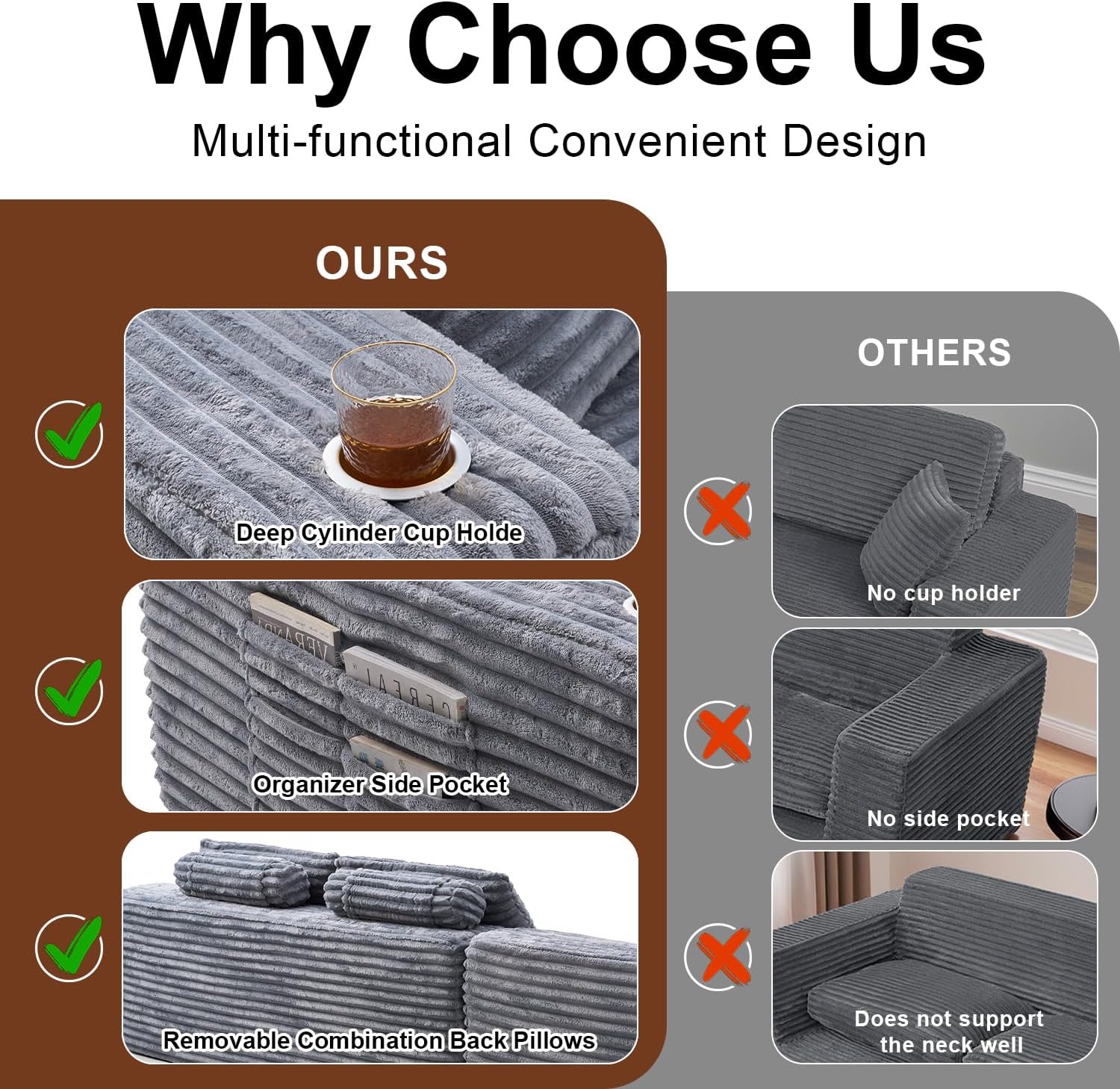 Cloud section sofa with L-shaped recliner, modern modular sofa, built-in cup holder