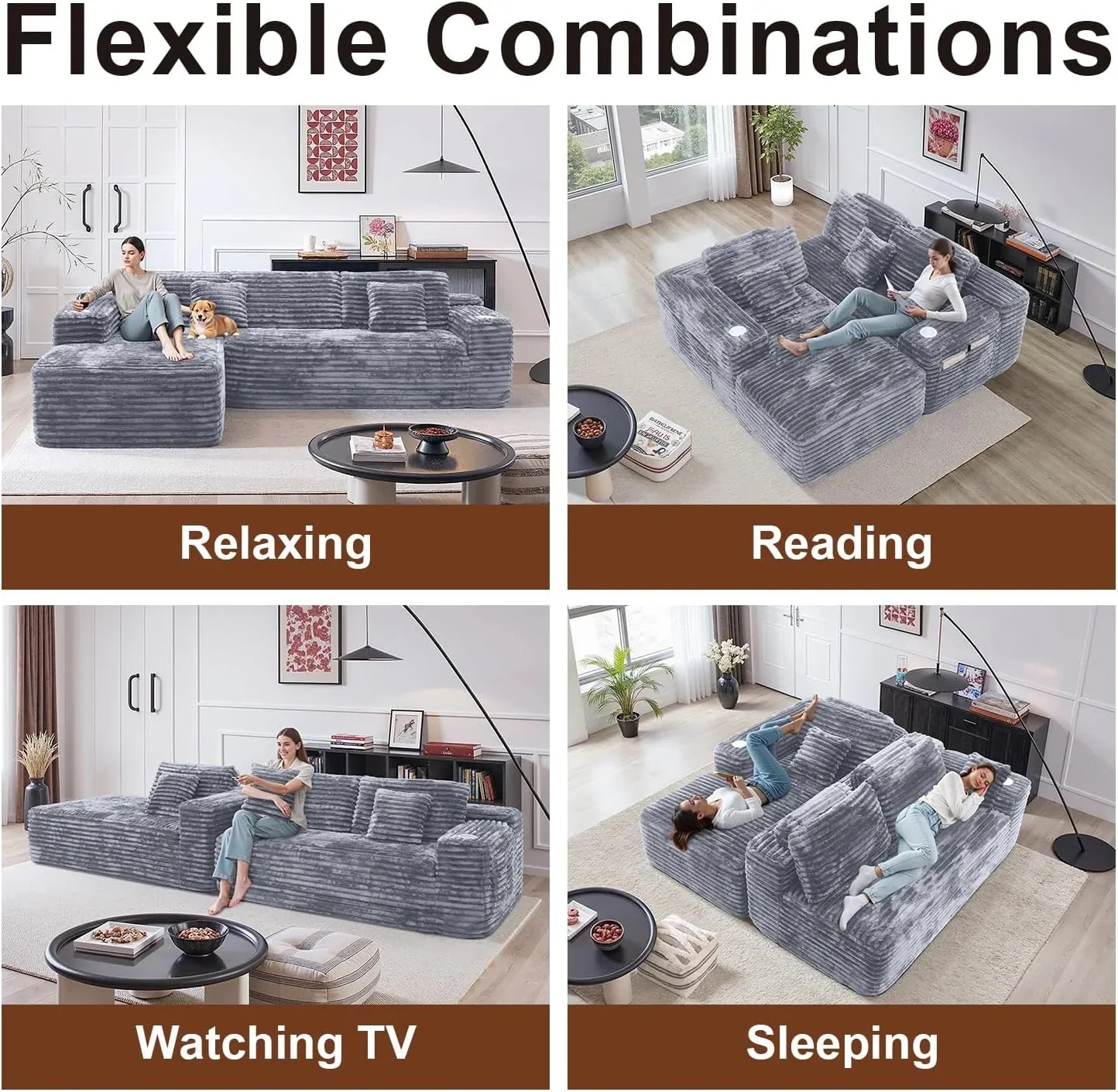 Cloud section sofa with L-shaped recliner, modern modular sofa, built-in cup holder