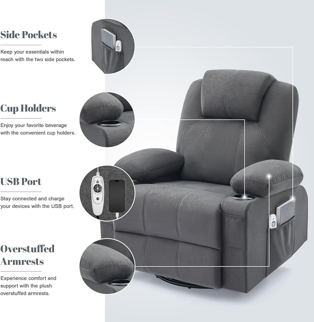 Grand fauteuil inclinable pivotant à bascule avec fonction chauffage et massage, canapé simple pivotant à 360 degrés