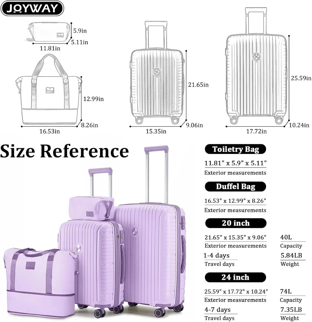 Ensemble de 5 valises de voyage légères à coque rigide en PP avec deux roulettes pivotantes et serrure TSA