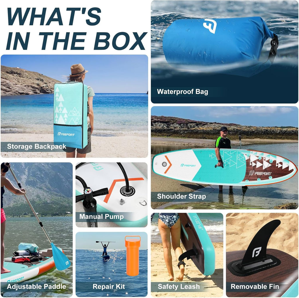 Planche de stand up paddle FBSPORT Premium 11', planche de yoga, contrôle du surf, pont antidérapant, attache, pagaie et pompe