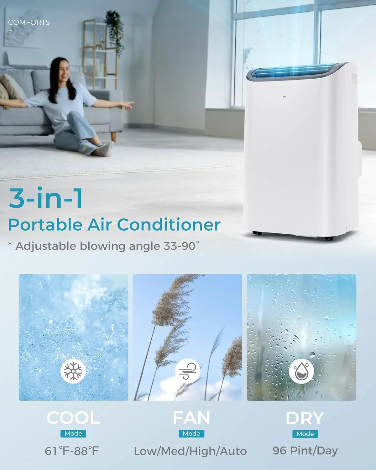 Climatiseur portatif EUHOMY 8 000 BTU, 4 en 1, couvre jusqu'à 350 pi², 4 modes, silencieux, avec télécommande, refroidissement, ventilateur, déshumidificateur
