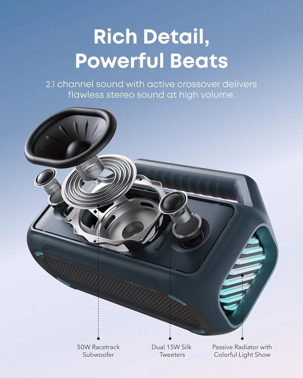 Enceinte d'extérieur, 80 W, caisson de basses, BassUp 2.0, autonomie de 24 heures, étanchéité IPX7, flotte, lumières RVB, USB-C