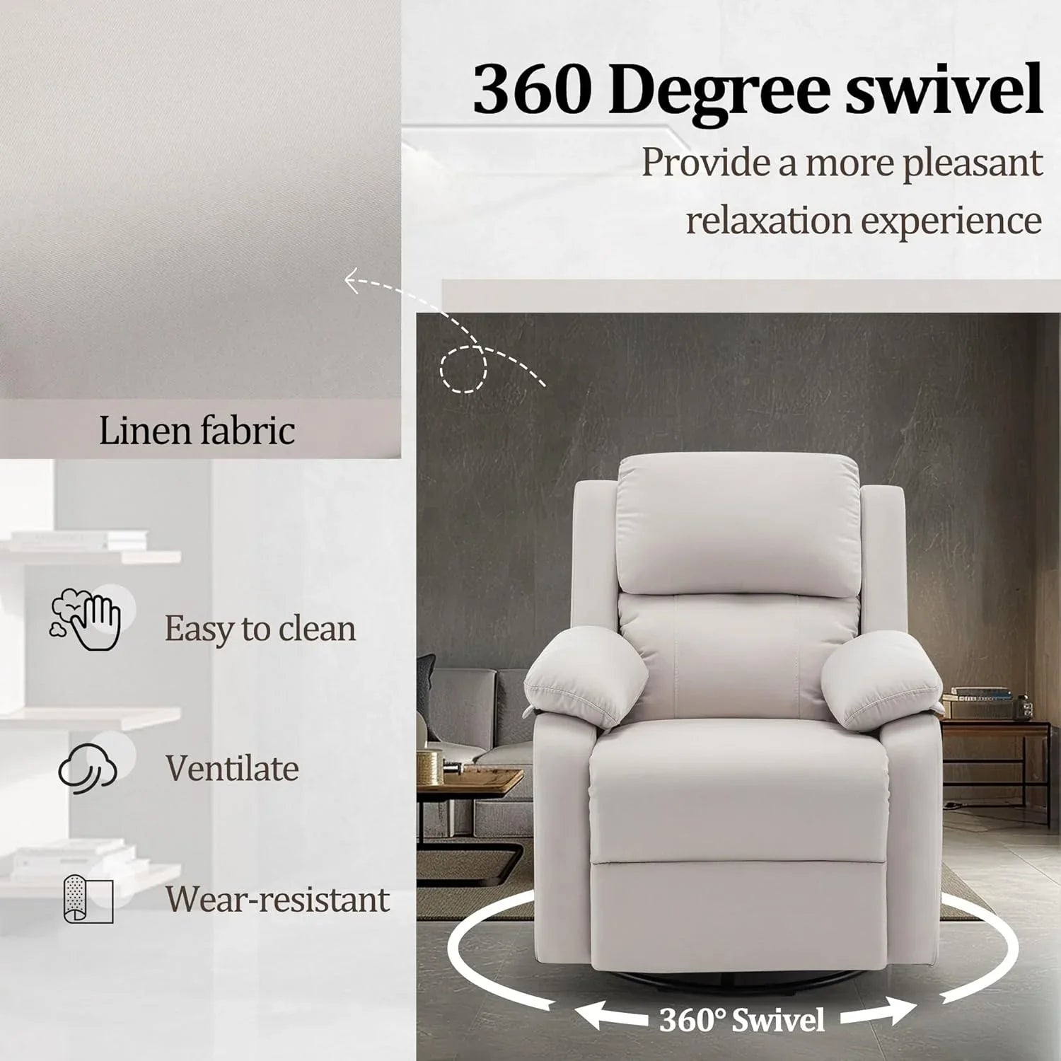 Fauteuil à bascule inclinable pivotant à 360 degrés en tissu coulissant