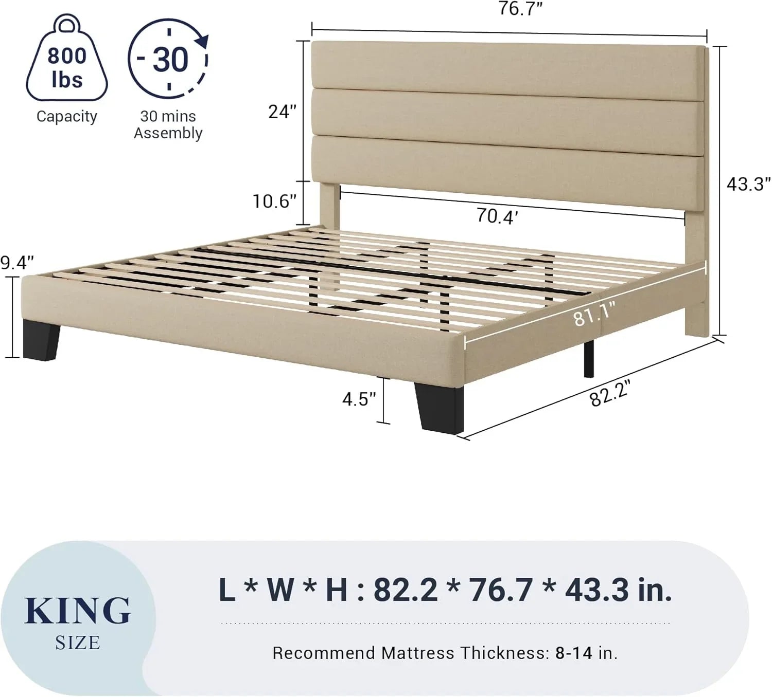 Cadre de lit plateforme Allewie Queen Size avec tête de lit rembourrée en tissu et support à lattes en bois, sommier entièrement rembourré (pas besoin de sommier)
