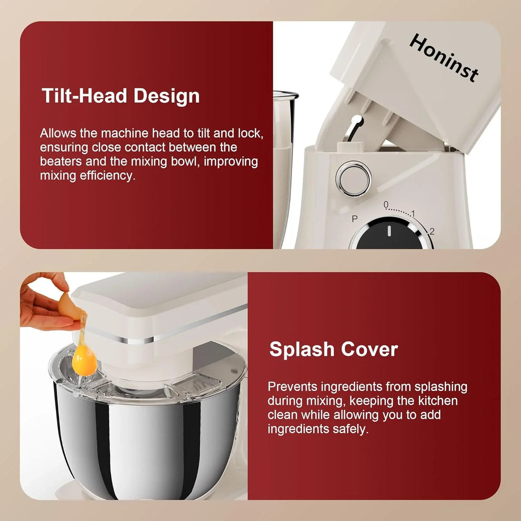 Batteur sur socle 10 vitesses avec protection anti-éclaboussures 8 en 1, tête inclinable, bol en acier inoxydable de 6 litres + crochet pétrisseur/fouet/mixeur/grattoir lavable au lave-vaisselle