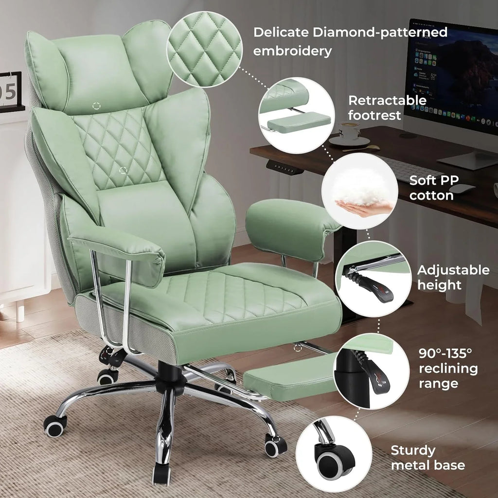 Grande chaise de bureau à dossier haut, chaise de jeu en cuir à dossier haut avec repose-pieds