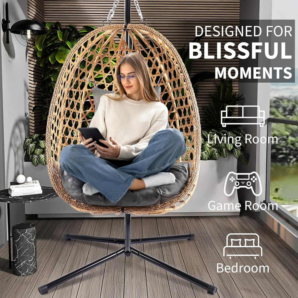 Fauteuil suspendu en osier avec support, balancelle pour patio, capacité de charge de 158 kg.