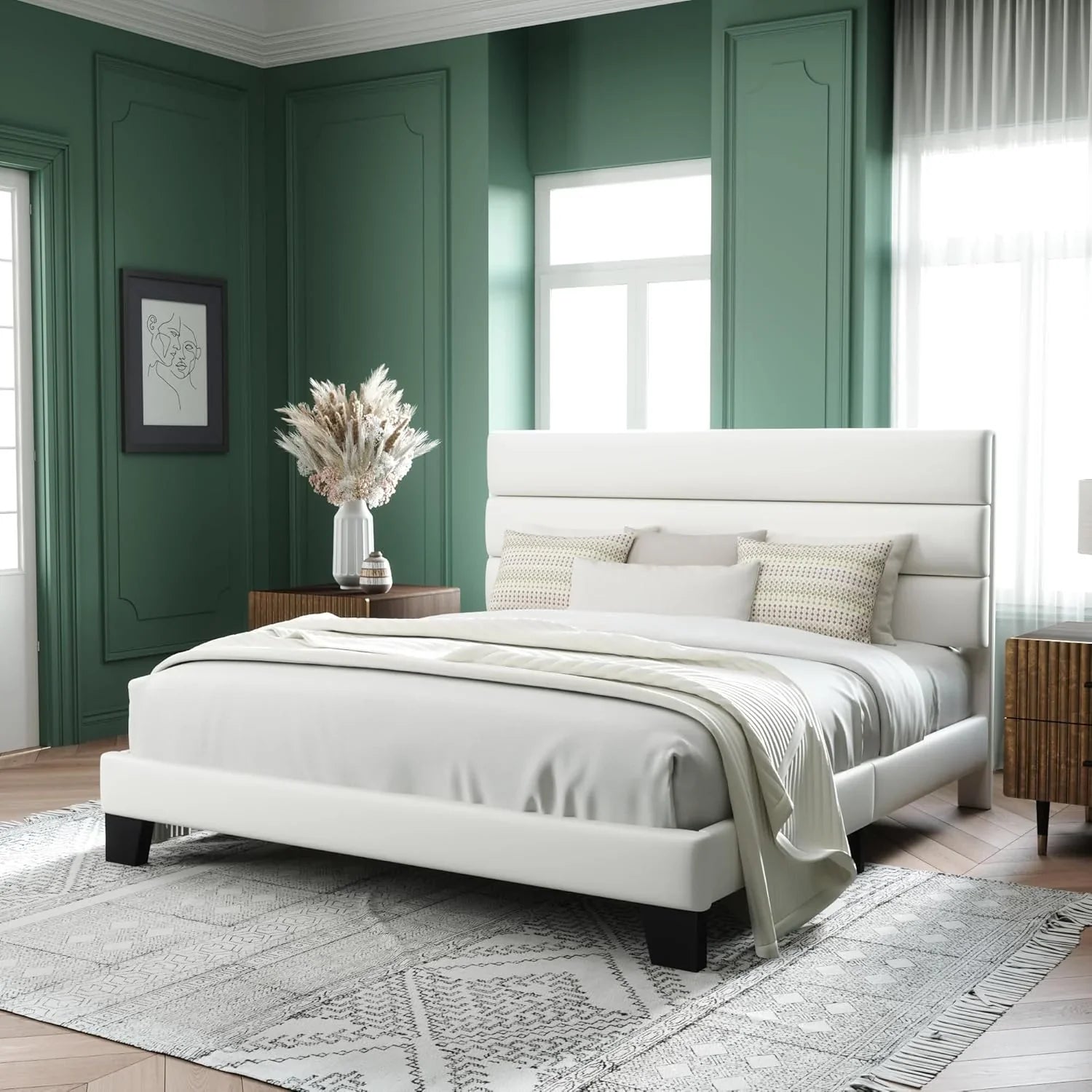 Cadre de lit plateforme Allewie Queen Size avec tête de lit rembourrée en tissu et support à lattes en bois, sommier entièrement rembourré (pas besoin de sommier)