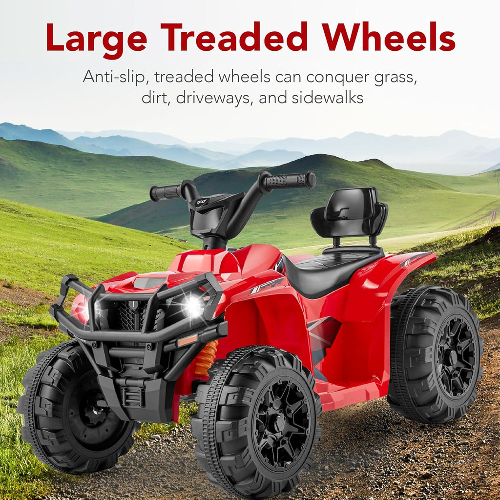 Véhicule tout-terrain électrique 12 V pour enfants, quad à 4 roues avec audio Bluetooth, vitesse maximale de 2,4 mph, pneus à crampons, phares à LED et radio.