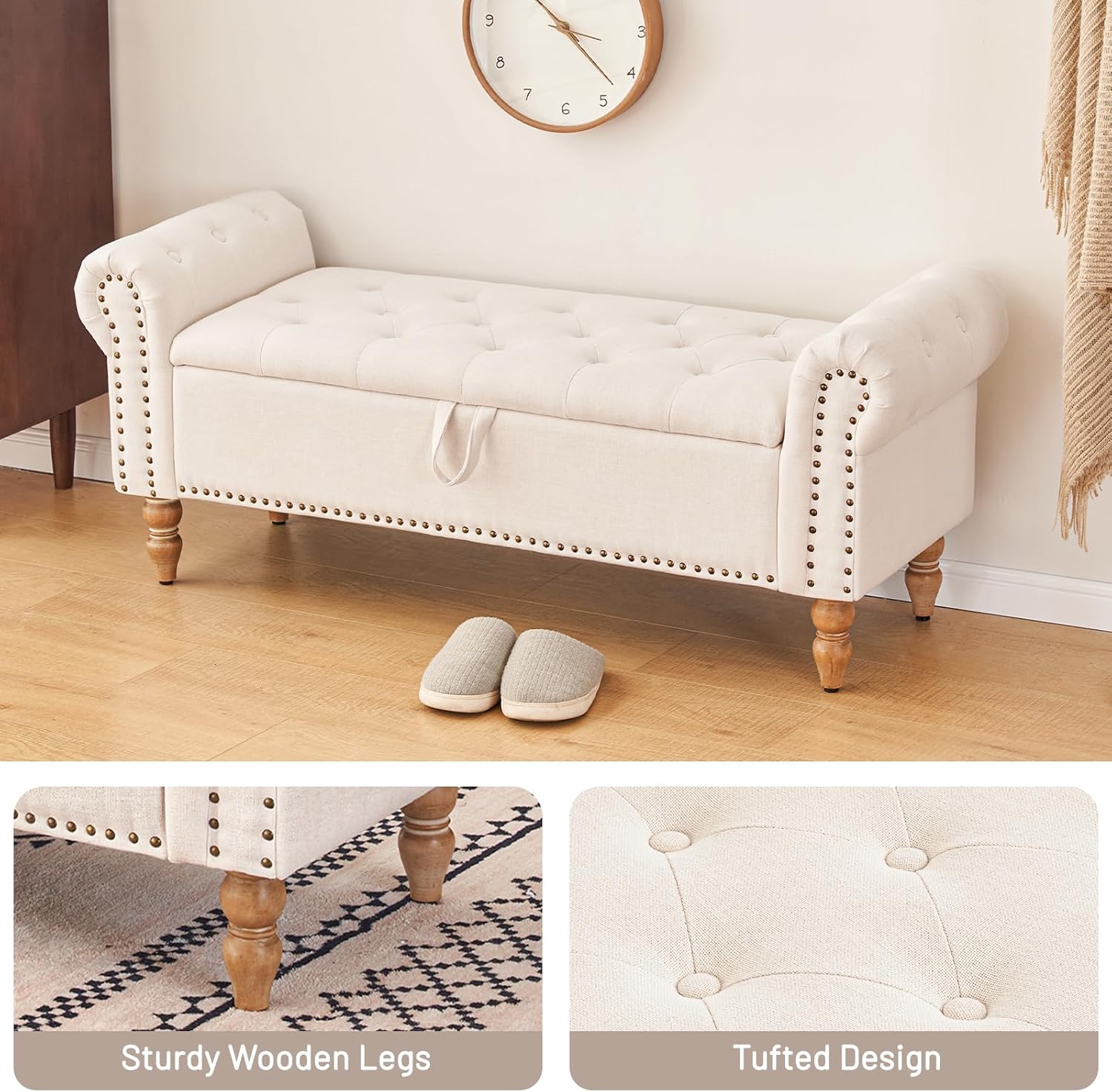 Tabouret de rangement moderne Furniliving, tabouret de bout de lit en bois massif Sherpa, tabouret rembourré tabouret d'intérieur