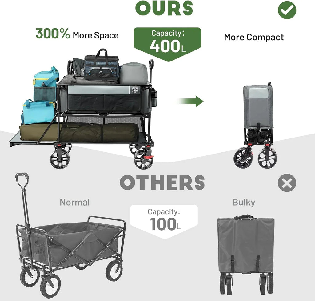 Chariot pliable à deux étages de grande capacité de 400 L avec freins, chariot extra-long de 54 pouces, chariot pliable robuste de 450 livres