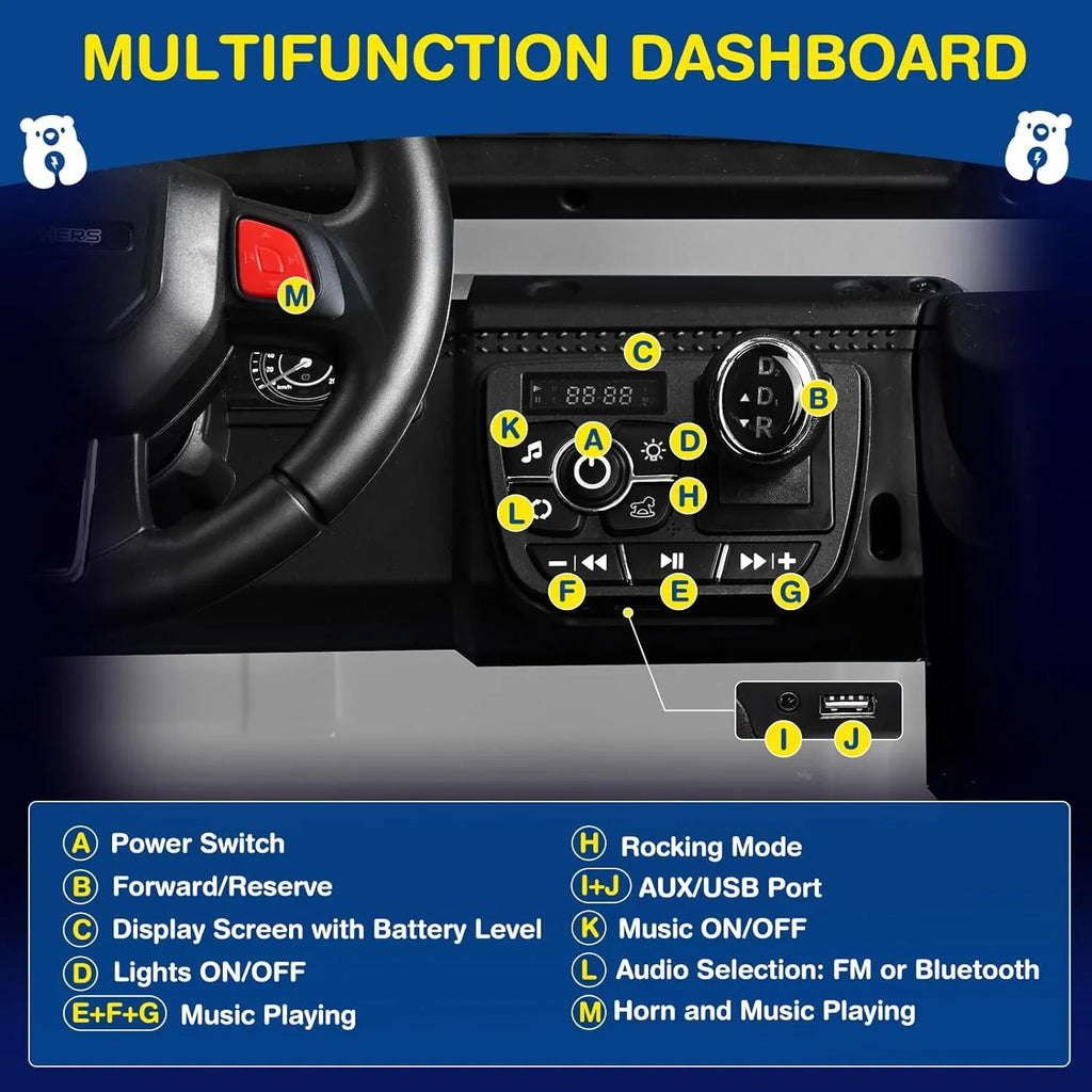 Trottinette électrique L8 pour enfants, 2 places, 12 V, avec télécommande, suspension à 4 roues et haut-parleur Bluetooth.