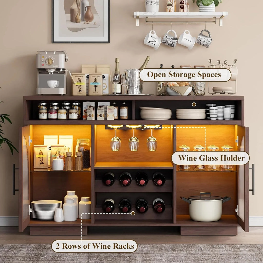 Buffet, armoire de cuisine de 54 pouces avec lumières LED et portes en verre cintrées, armoire de bar haute