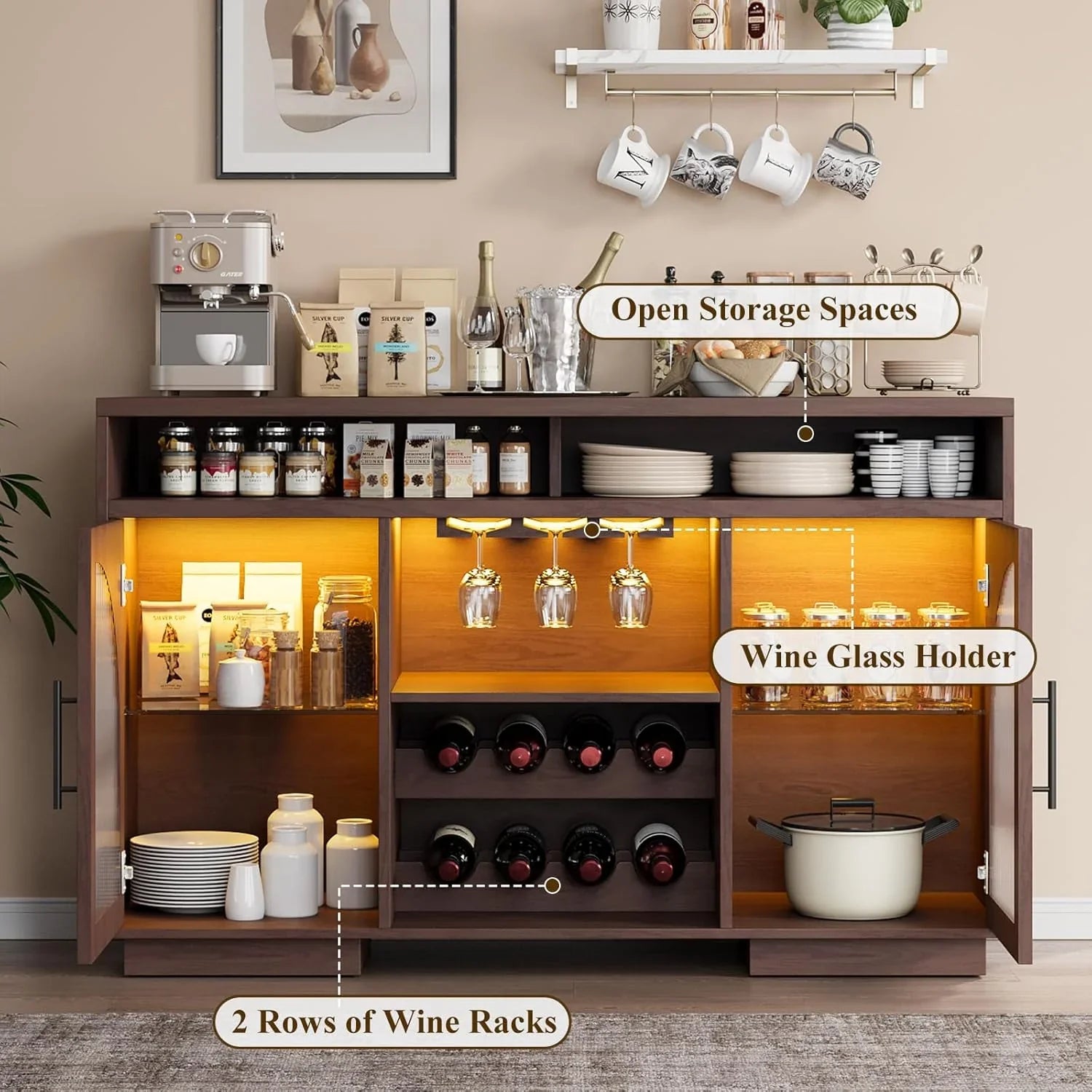 Buffet, armoire de cuisine de 54 pouces avec lumières LED et portes en verre cintrées, armoire de bar haute