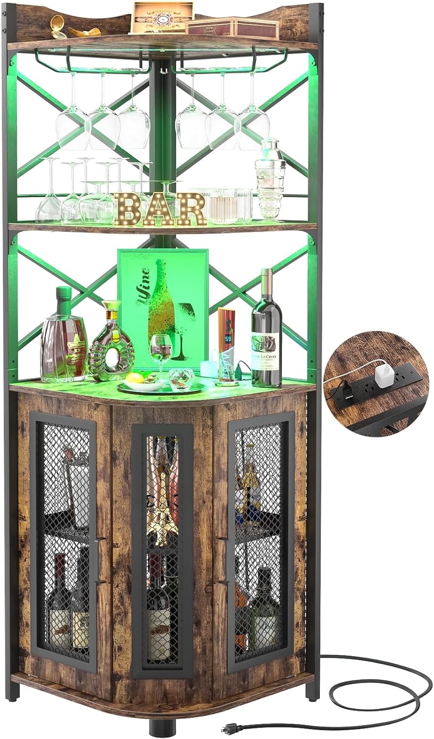 Meuble bar d'angle avec prise de courant, armoire à vin de style industriel avec bande lumineuse LED et support à verres, meuble bar à vin à cinq niveaux pour la maison, vitrine d'angle pour petit espace