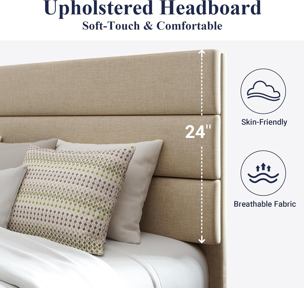 Cadre de lit plateforme Allewie Queen Size avec tête de lit rembourrée en tissu et support à lattes en bois, sommier entièrement rembourré (pas besoin de sommier)