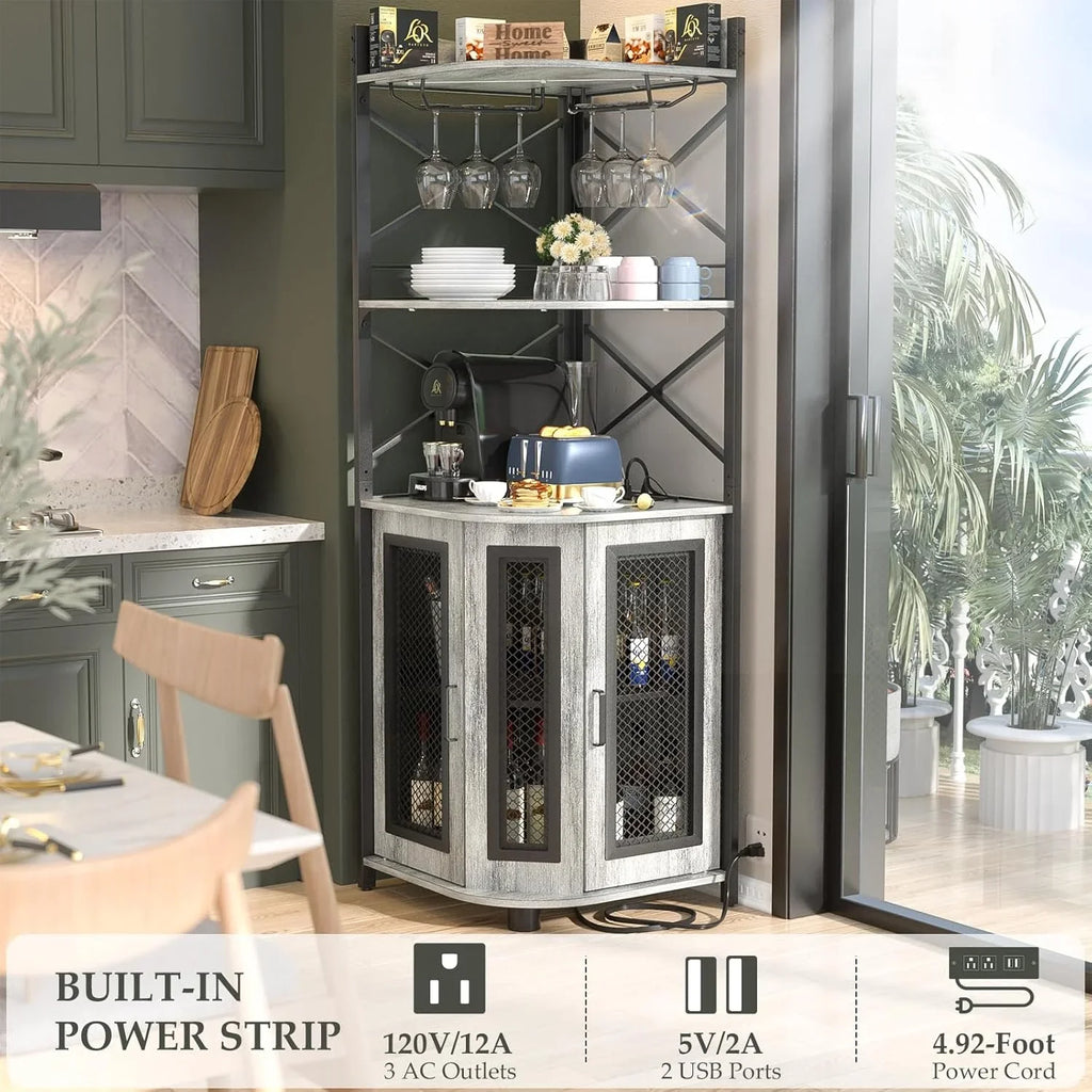 Meuble bar d'angle avec prise de courant, armoire à vin de style industriel avec bande lumineuse LED et support à verres, meuble bar à vin à cinq niveaux pour la maison, vitrine d'angle pour petit espace