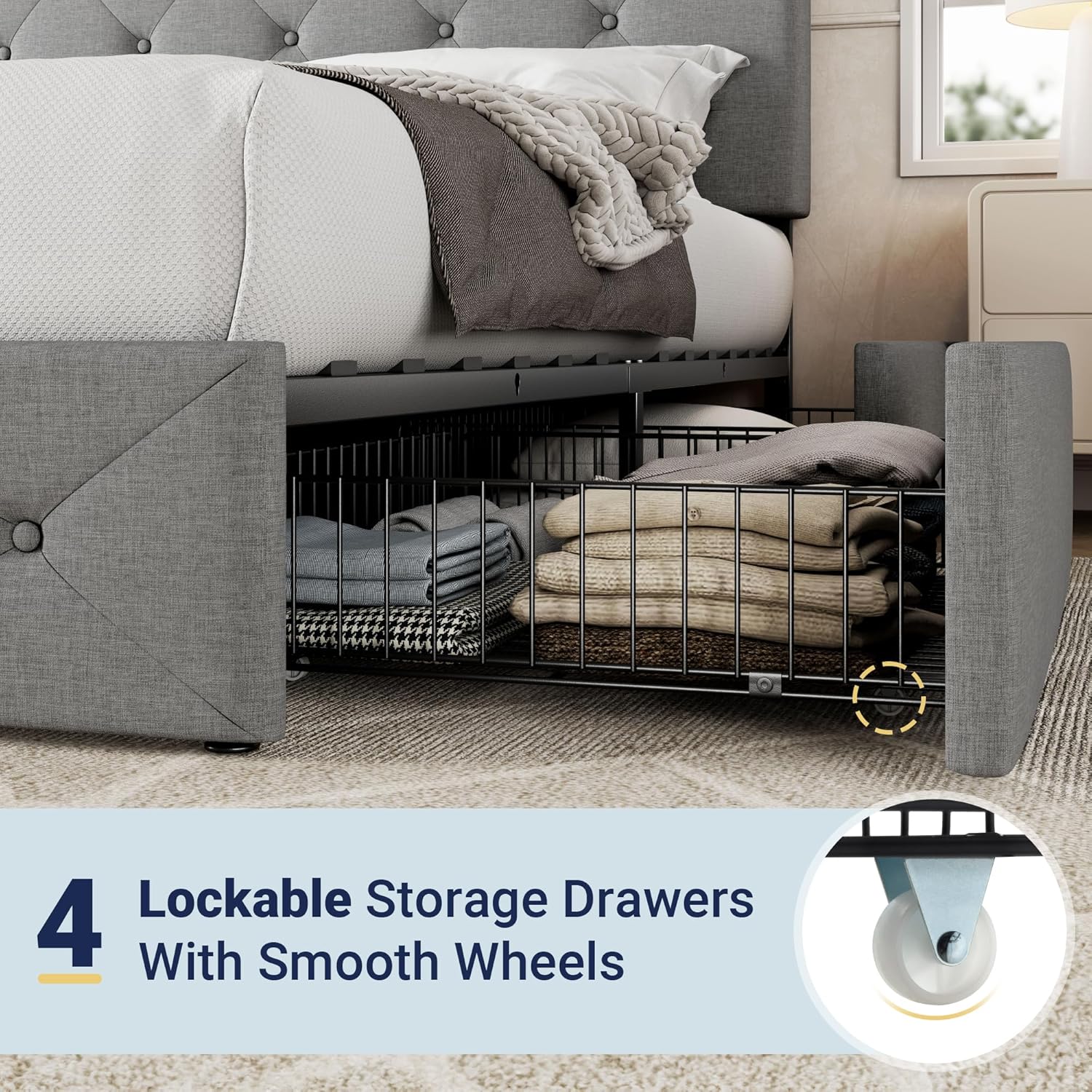 Cadre de lit plateforme Allewie rembourré Queen Size avec 4 tiroirs de rangement et tête de lit, capitonné à boutons à coutures carrées, sommier à lattes en bois, pas besoin de sommier.