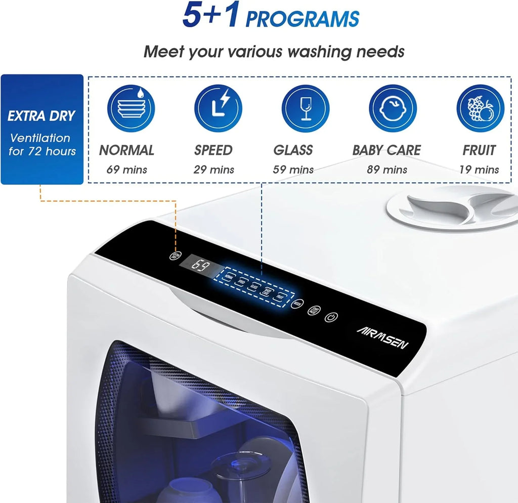 Lave-vaisselle de table portable AIRMSEN, mini lave-vaisselle à 5 programmes de lavage