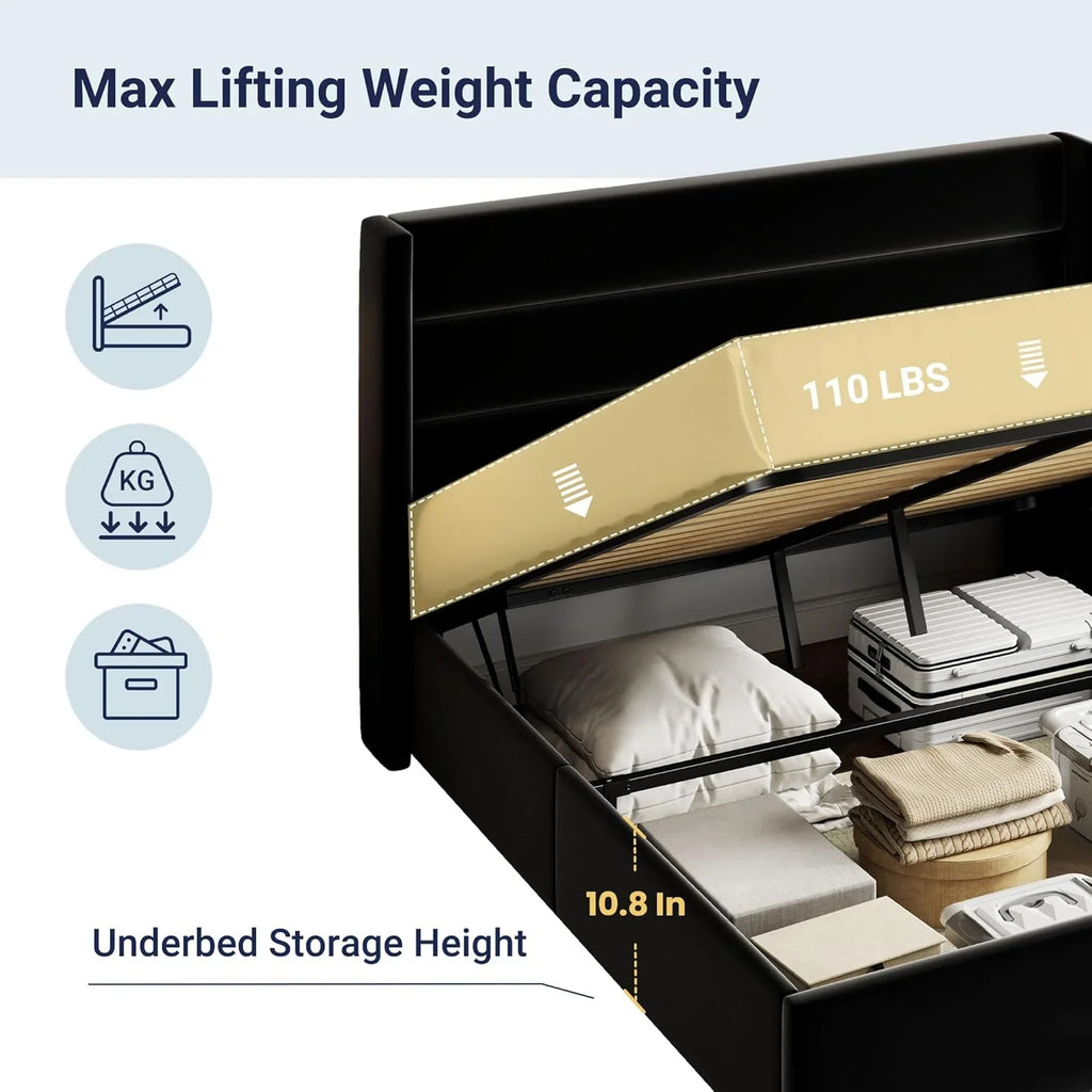 Lit queen-size relevable avec rangement Allewie, tête de lit à oreilles moderne et support hydraulique
