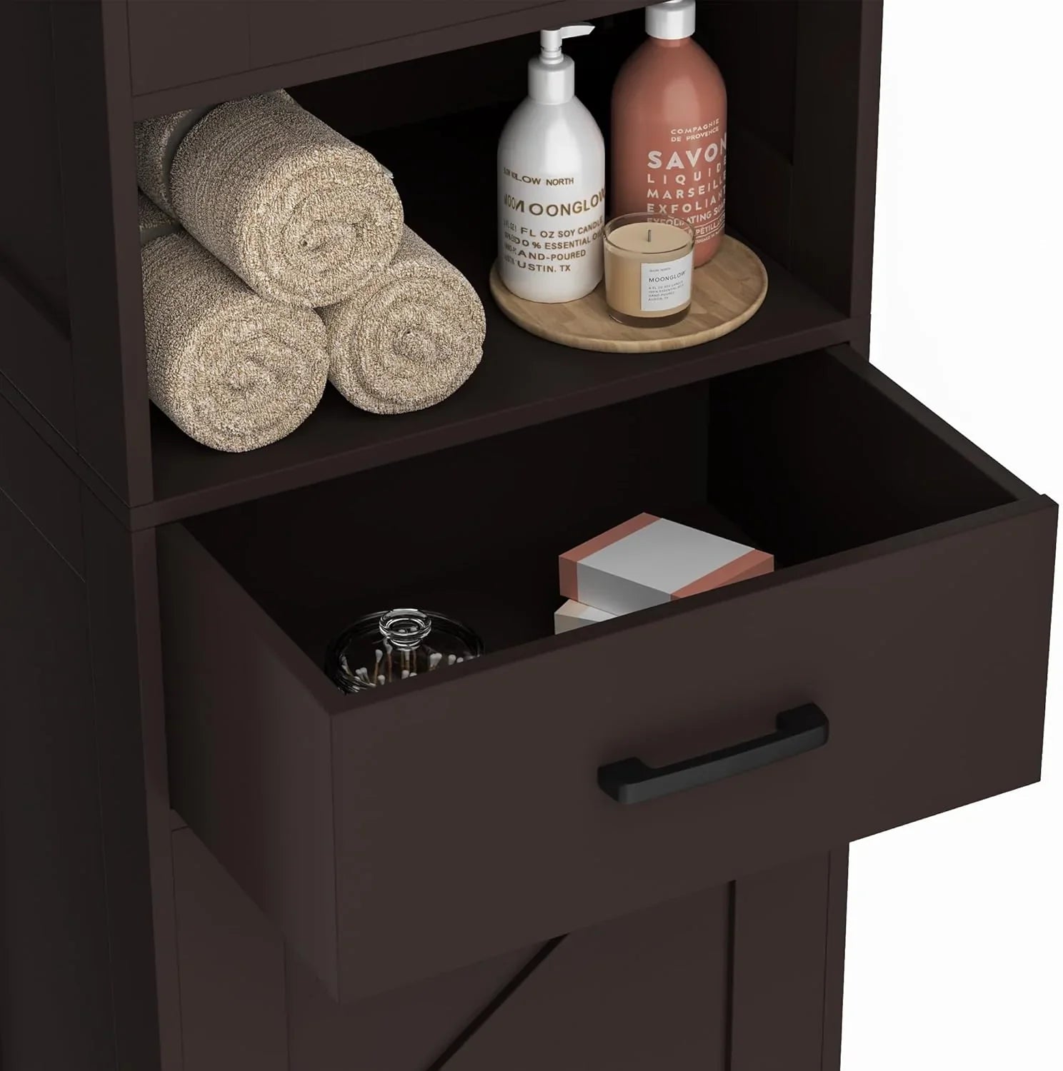 Meuble de rangement de salle de bain Homhedy de 67 po de hauteur avec 2 portes de grange et 1 tiroir