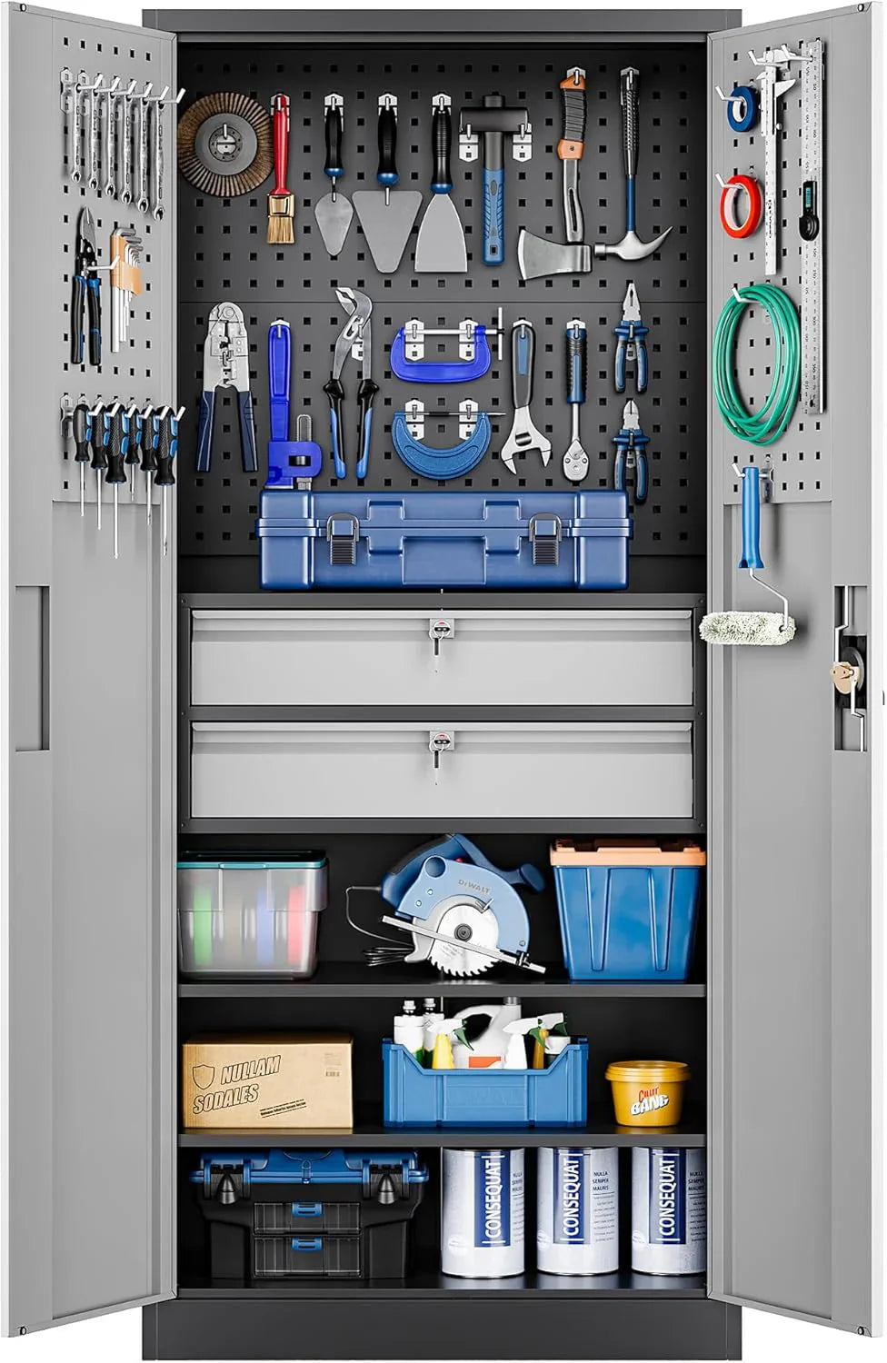 Armoire de rangement de garage en métal Yizosh avec portes verrouillables et 2 tiroirs, armoire à outils robuste en acier avec panneau perforé, 71" - Armoires verrouillables