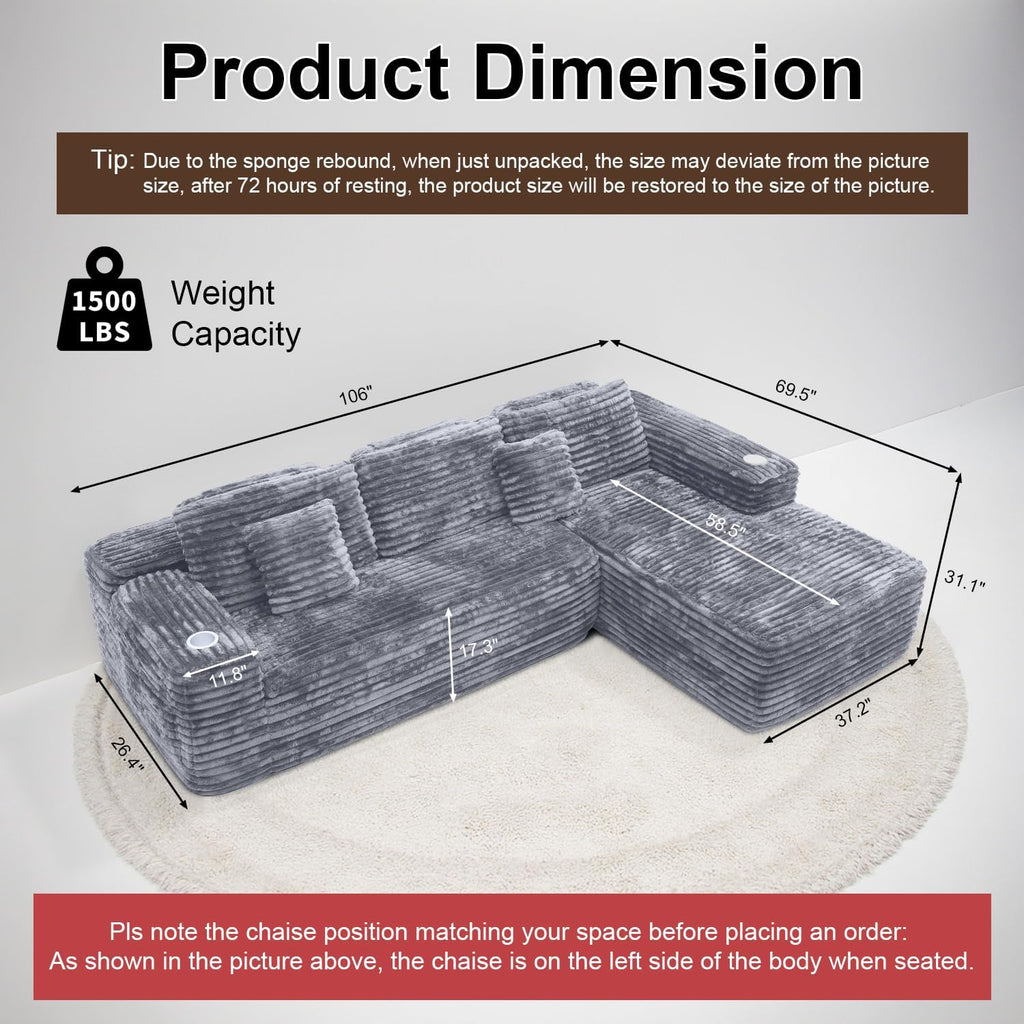 Canapé sectionnel Cloud avec méridienne en L, canapé modulaire moderne avec assise profonde, porte-gobelet intégré et poche de rangement
