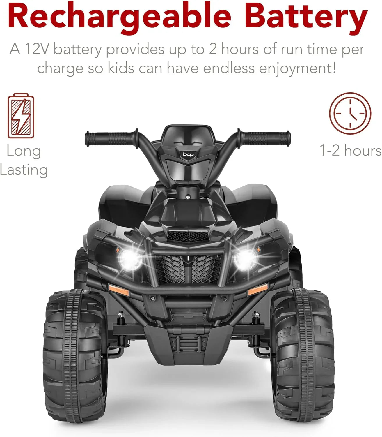 Véhicule tout-terrain électrique 12 V pour enfants, quad à 4 roues avec audio Bluetooth, vitesse maximale de 2,4 mph, pneus à crampons, phares à LED et radio.