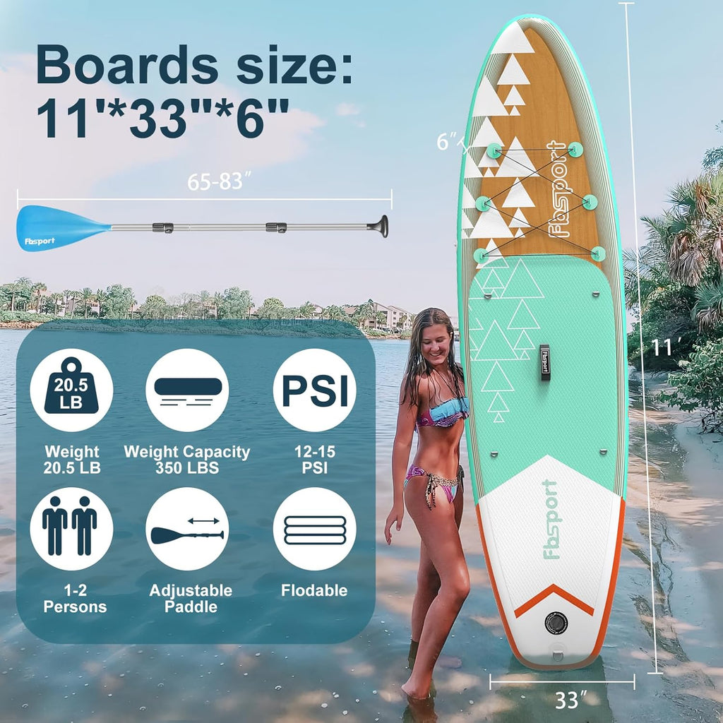 Planche de stand up paddle FBSPORT Premium 11', planche de yoga, contrôle du surf, pont antidérapant, attache, pagaie et pompe