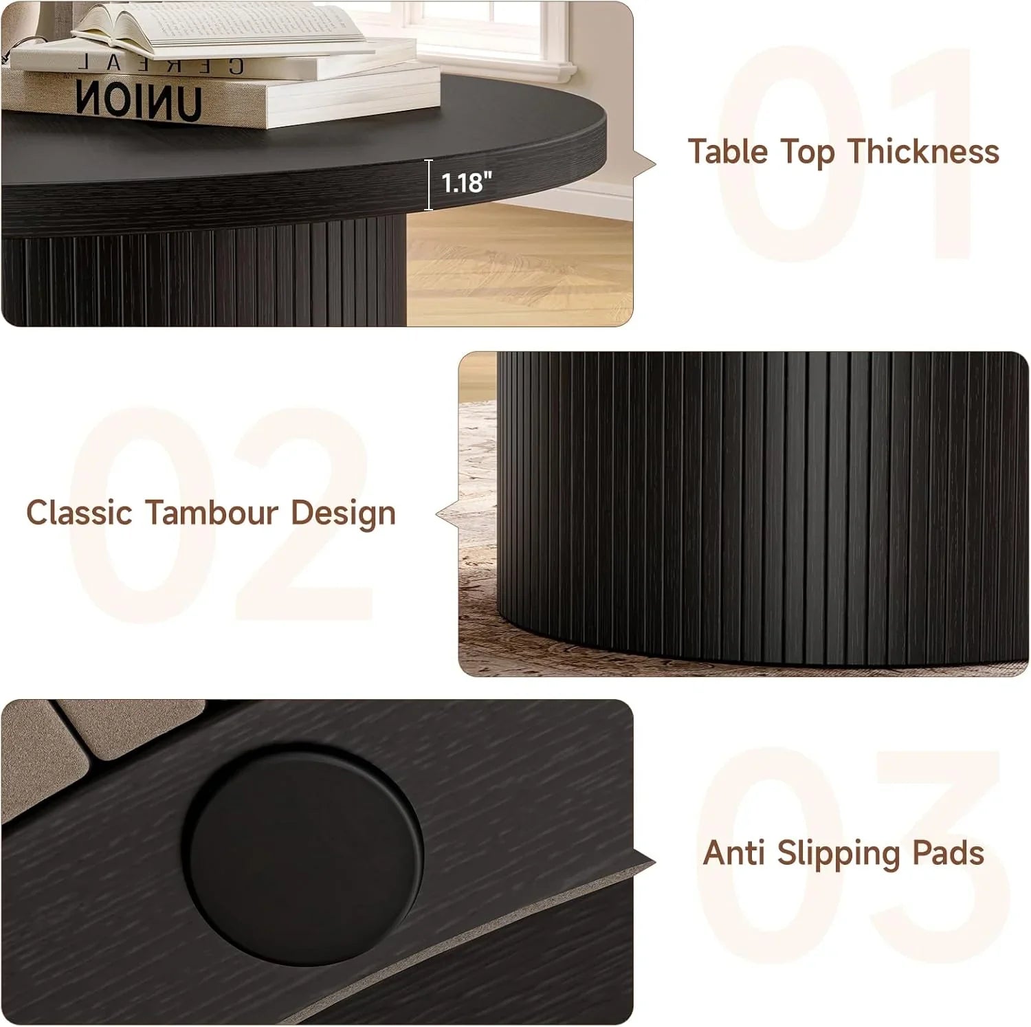 Table basse ronde de 31,5 pouces, table basse enroulable de salon, table basse en bois moderne du milieu du siècle