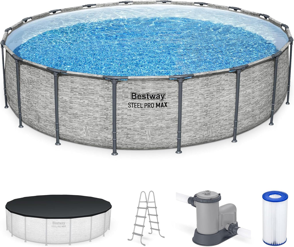 Piscine hors sol extérieure ronde Steel Pro MAX de 4,2 m x 122 cm avec cadre métallique et pompe de filtration de 1 000 litres, échelle et bâche