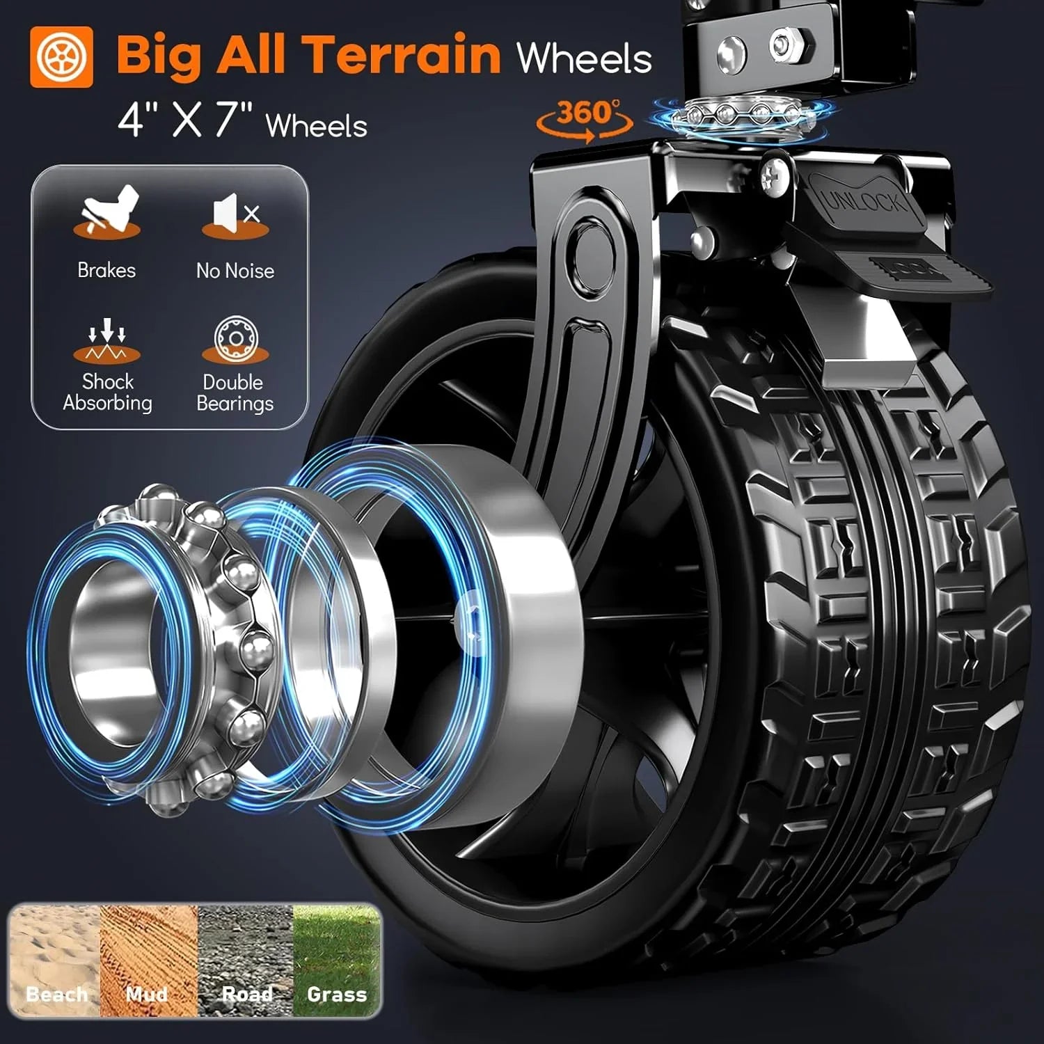 Poussette pliable à quatre roues de 96 cm de long, pliable, capacité de 200 kg, poussette de plage pliable robuste de 220 litres avec de grands pneus tout-terrain