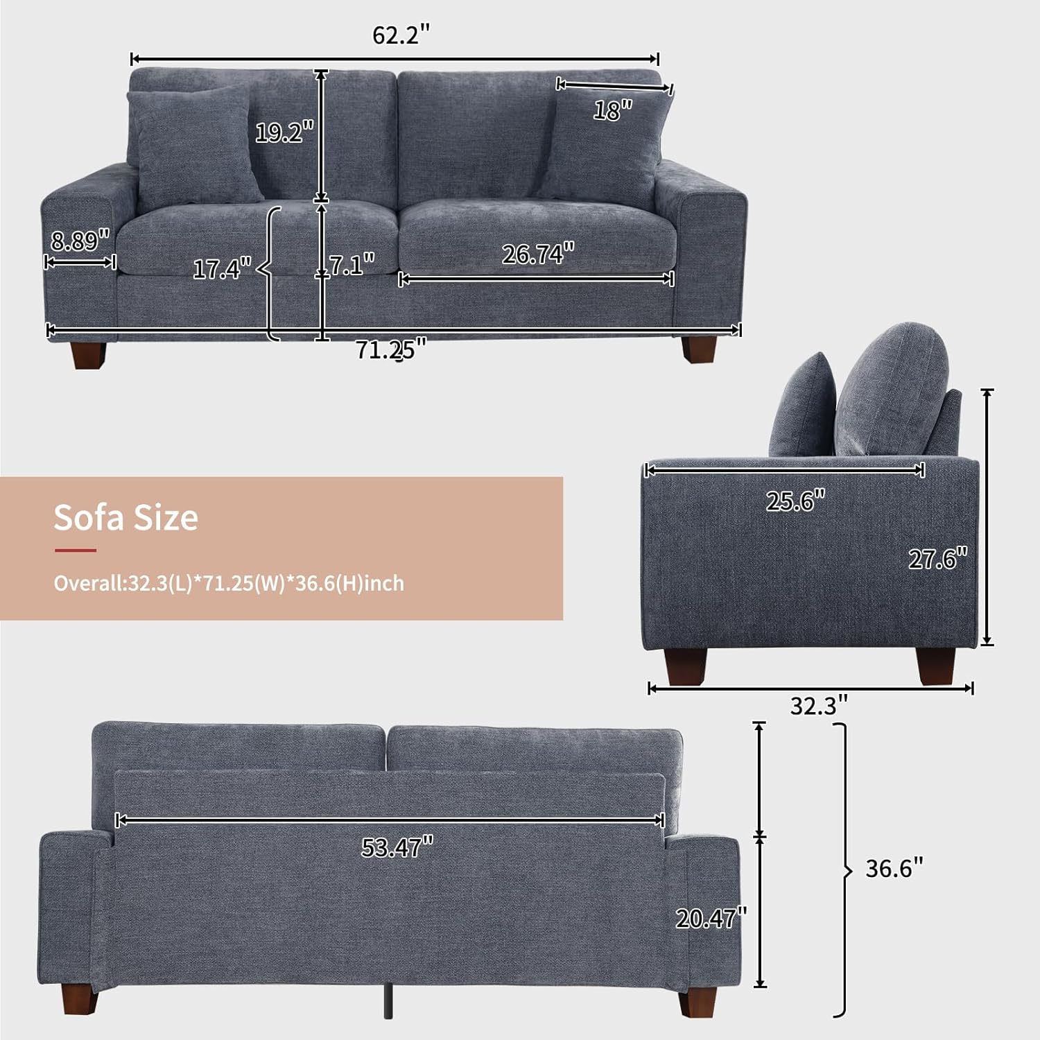 Canapé double de salon DOPEDIO, fauteuil en chenille, amovible, structure en bois massif