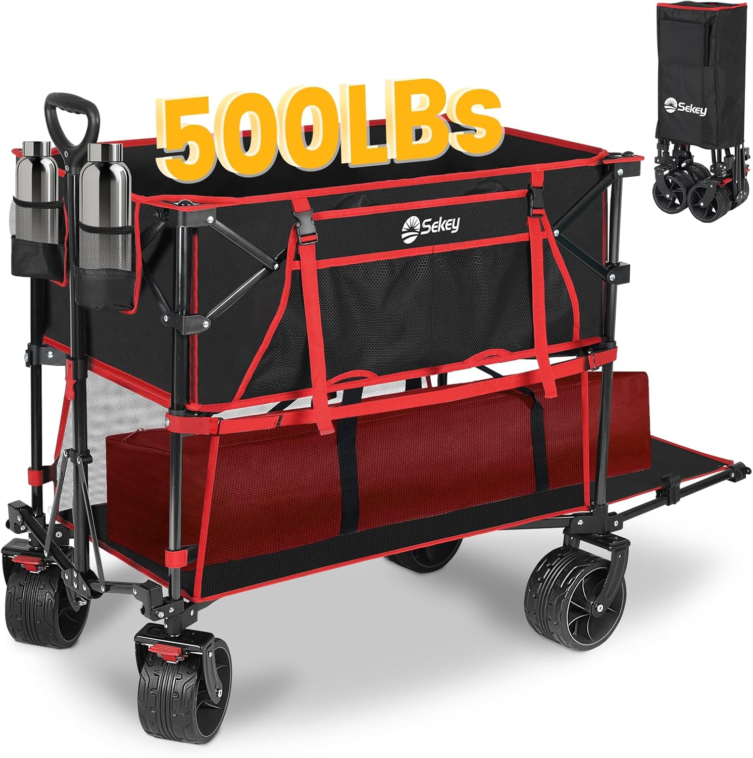 Chariot pliable à deux étages grande capacité de 400 L avec freins, chariot extensible extra long de 50 po, chariot pliable robuste de 500 lb.