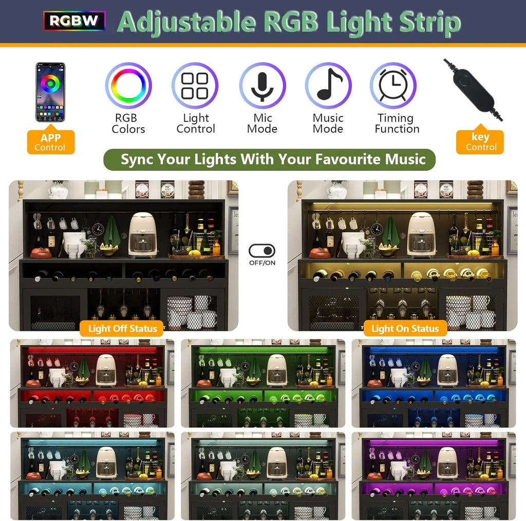 Bar à vin avec éclairage LED, meuble à liqueur avec porte-verres, bar à café pour liqueurs, buffet de rangement avec casiers à vin, armoire à vin